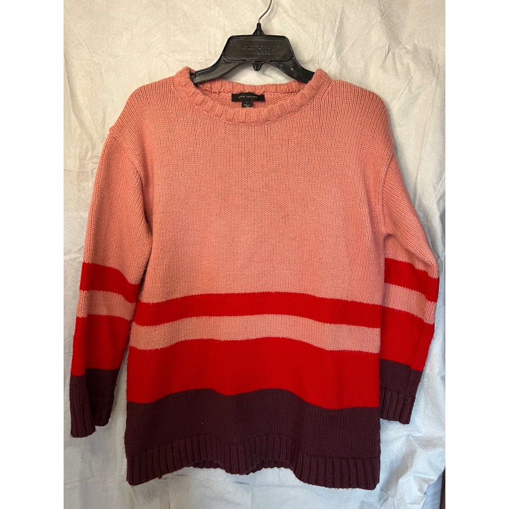 Ann Taylor Colorblock Striped Crew Neck Sweater Pink Red  Burgundy Size S Wool - Picture 2 of 5